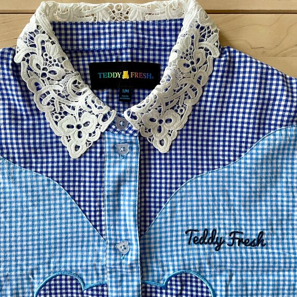 Teddy Fresh Women's Blue Button-Up Gingham Shirt Dress size S/M NWOT NEW - Picture 2 of 7